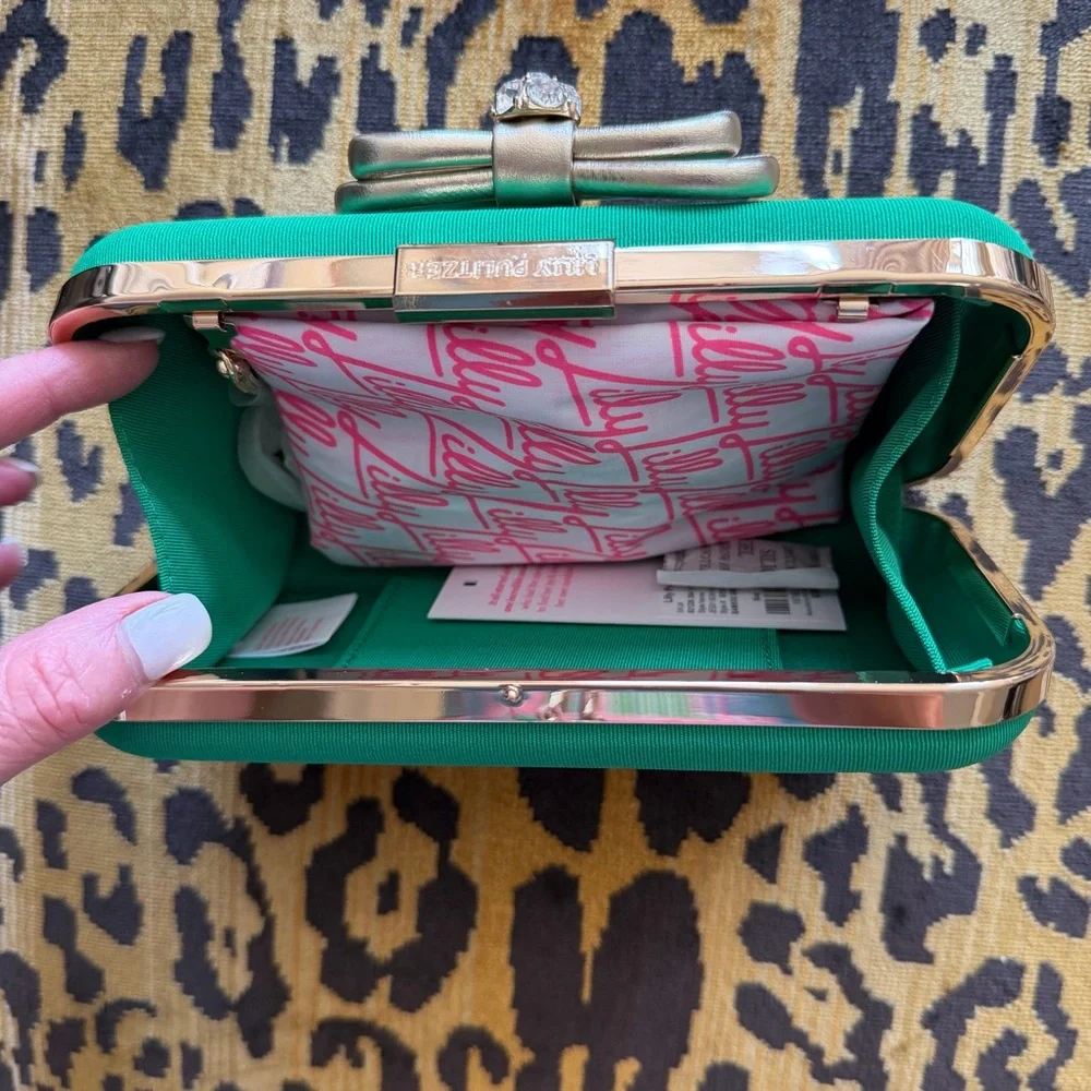 NWT Lilly Pulitzer Jessy Bow Hard Clutch Bamboo Green Gold Chain Crossbody Bag